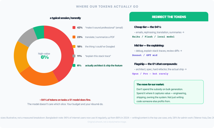 Chart showing a typical developer session: ~94% of tokens spent on low-value tasks like syntax lookups and boilerplate, only ~6% on high-value work like architecting and shipping a feature — with a redirect showing cheap-tier, mid-tier, and flagship-tier task routing